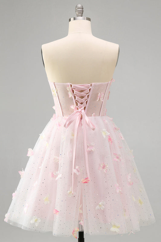 Blush Sweetheart A-Line Sheer Corset Butterfly Homecoming Dress with Lace Up Back