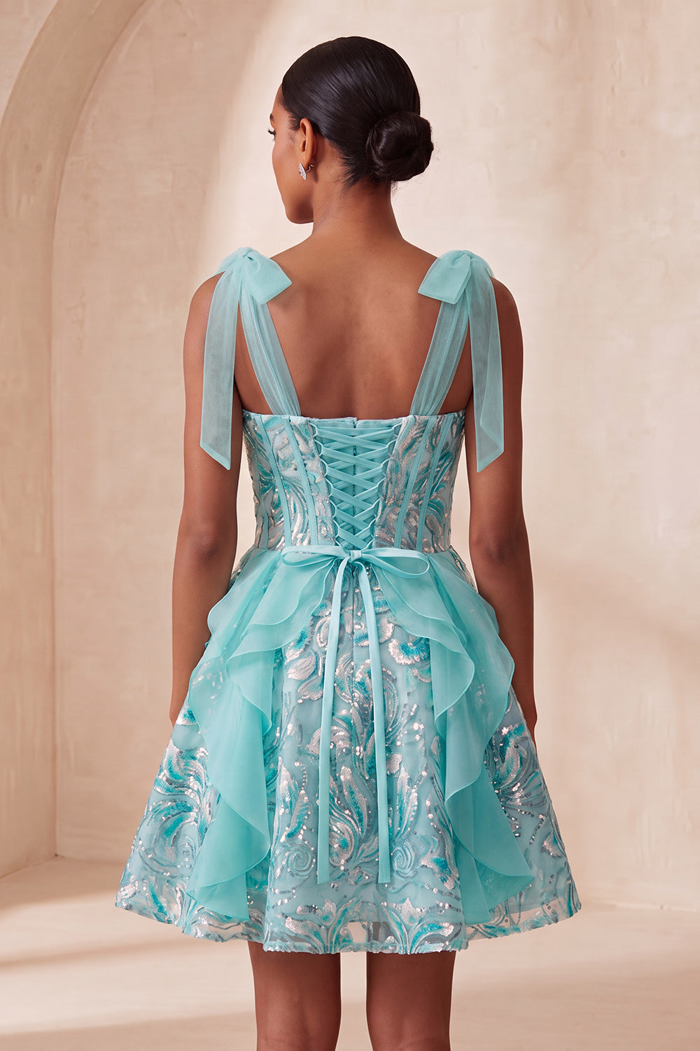 Pink A-Line Corset Bowed Straps Sequins Ruffled Homecoming Dress with Lace Up Back