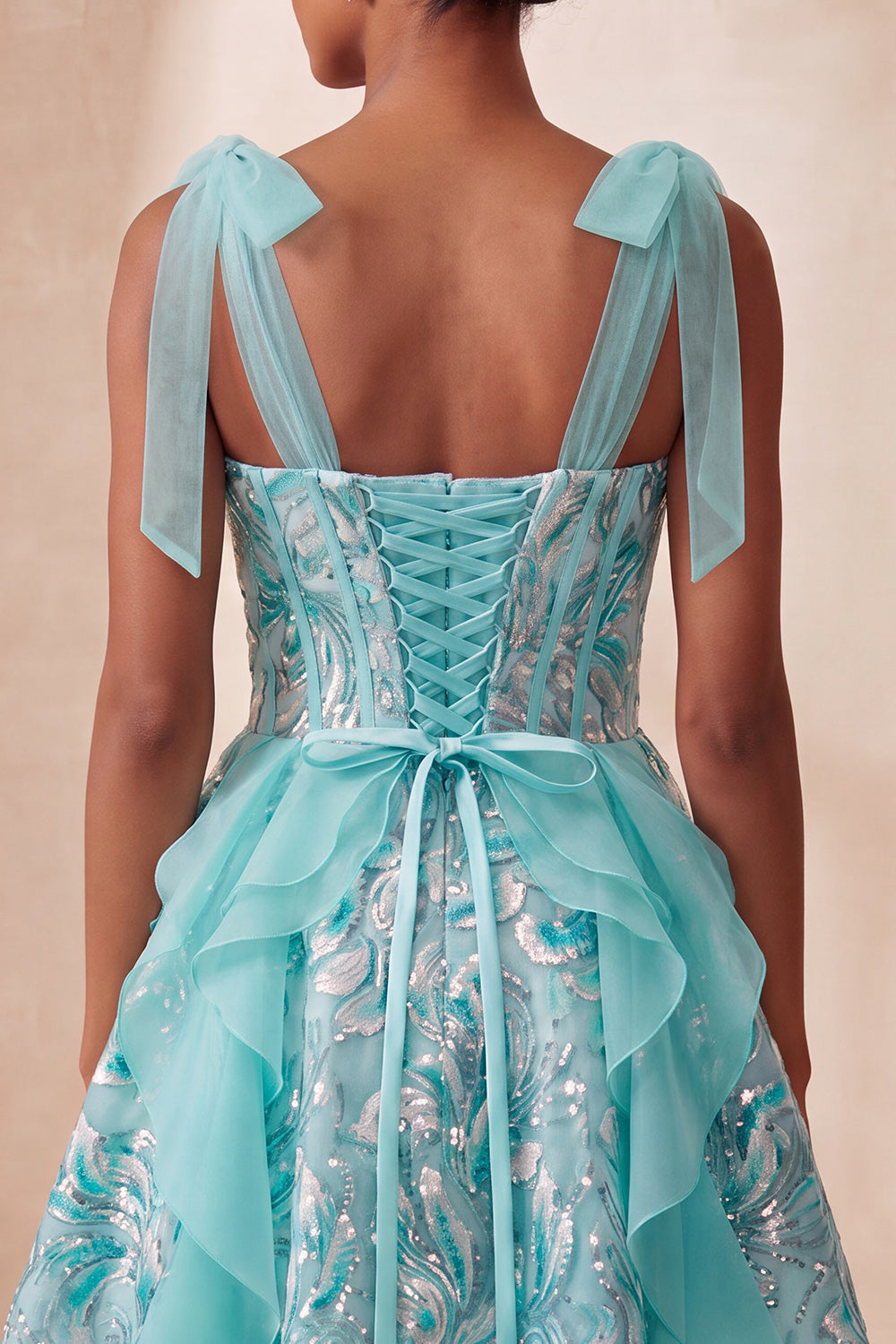 Pink A-Line Corset Bowed Straps Sequins Ruffled Homecoming Dress with Lace Up Back
