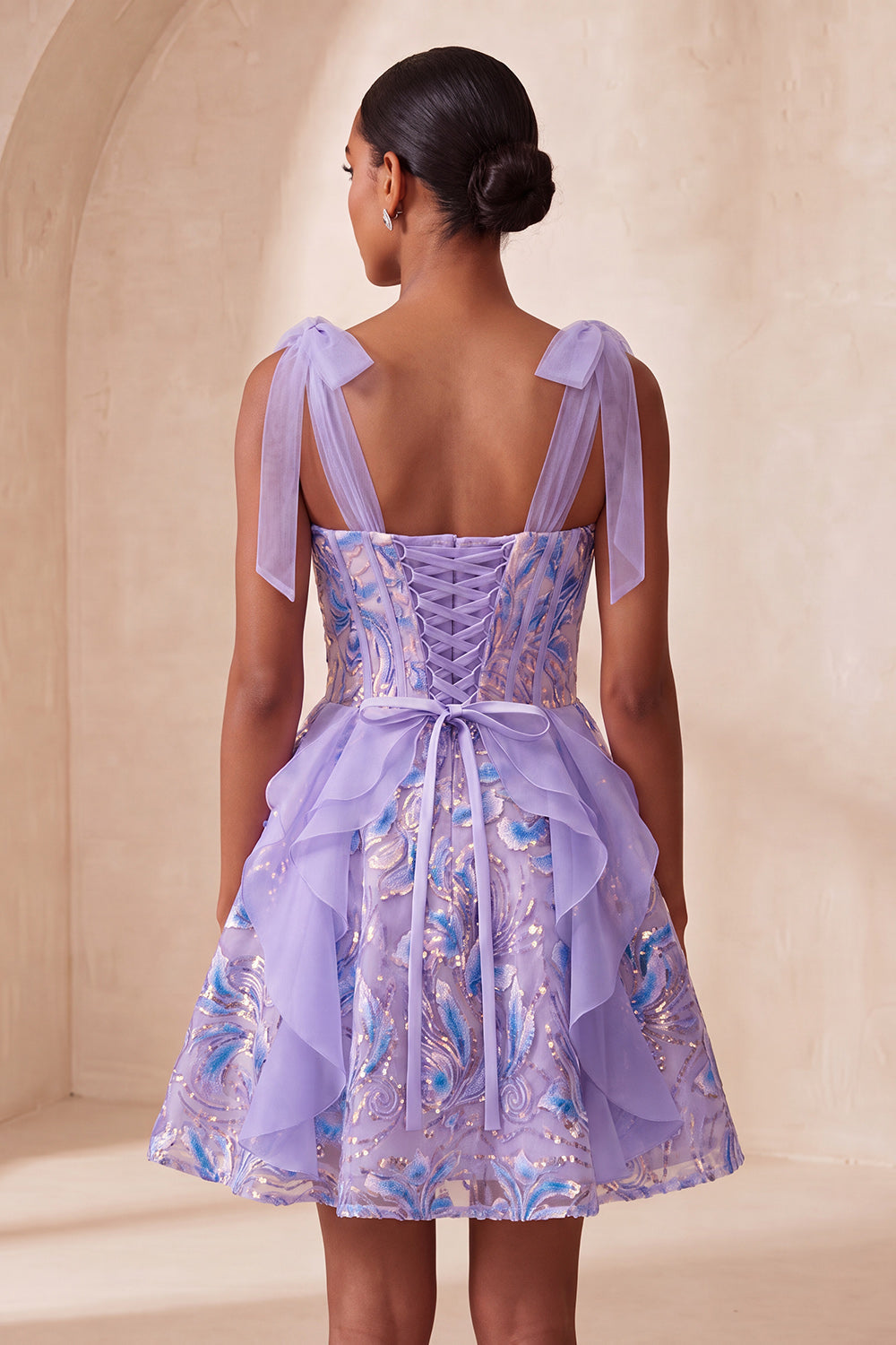 Pink A-Line Corset Bowed Straps Sequins Ruffled Homecoming Dress with Lace Up Back