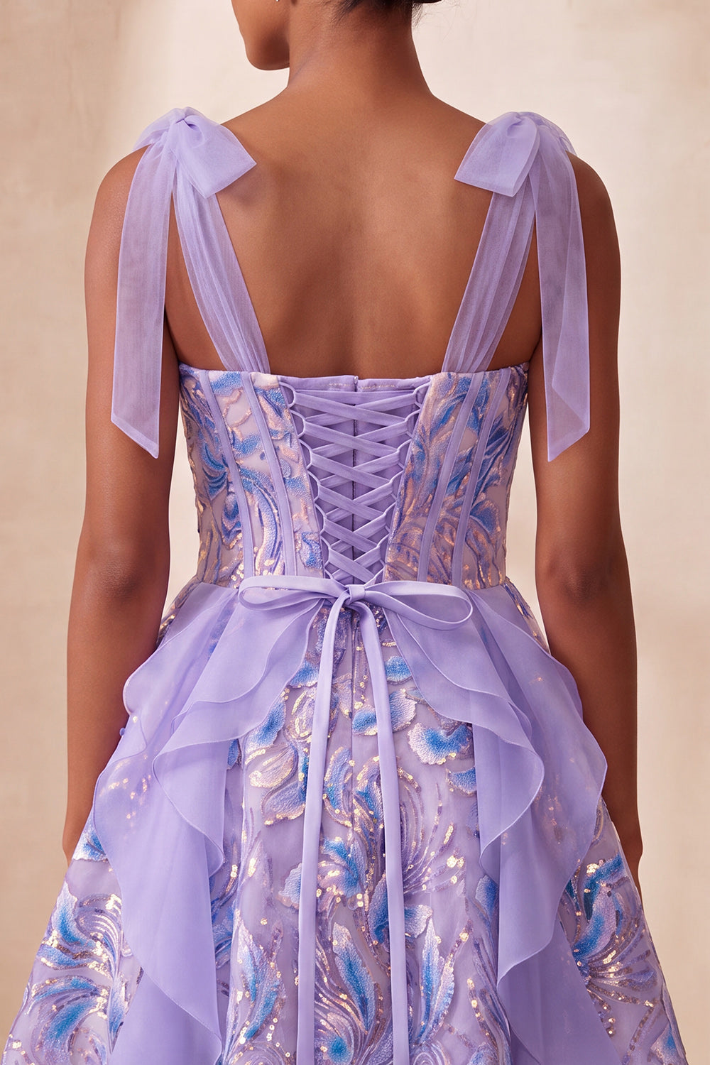 Pink A-Line Corset Bowed Straps Sequins Ruffled Homecoming Dress with Lace Up Back