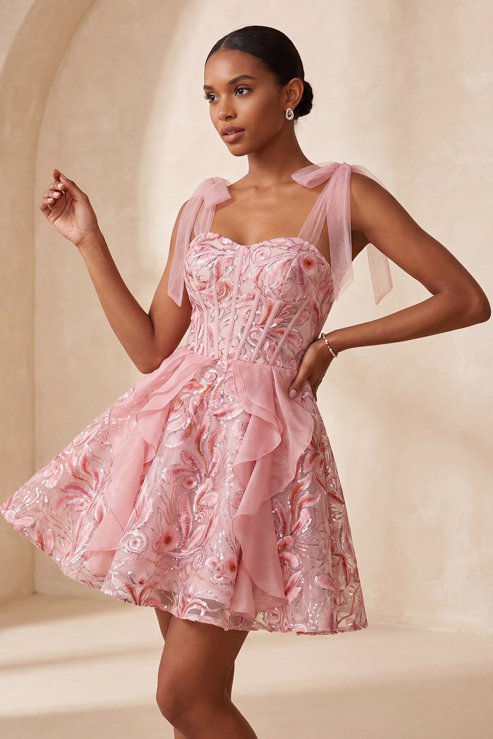 Pink A-Line Corset Bowed Straps Sequins Ruffled Homecoming Dress with Lace Up Back