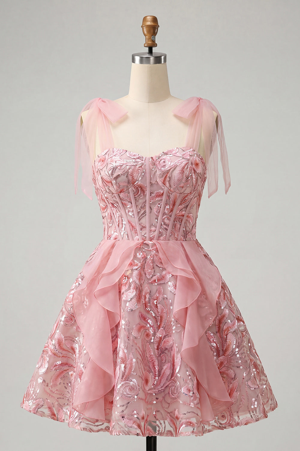 Pink A-Line Corset Bowed Straps Sequins Ruffled Homecoming Dress with Lace Up Back