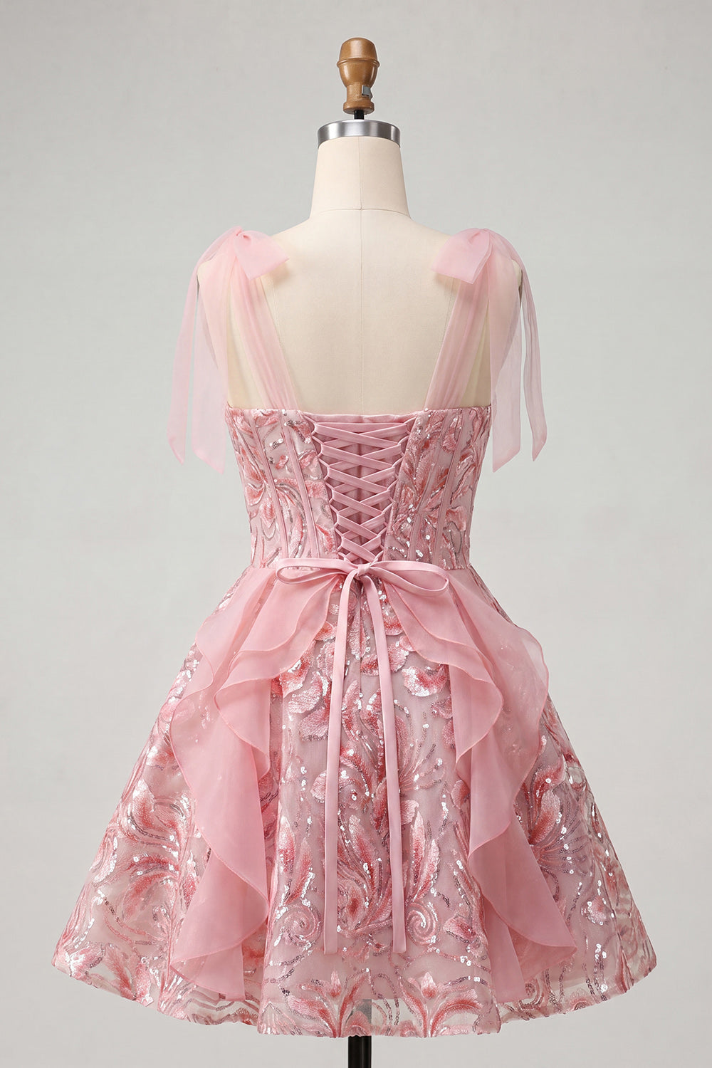 Pink A-Line Corset Bowed Straps Sequins Ruffled Homecoming Dress with Lace Up Back