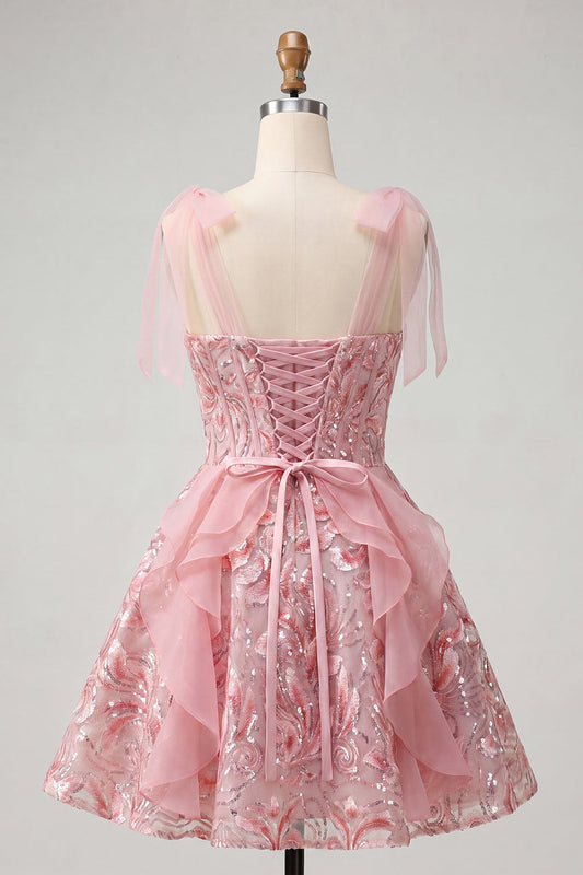 Pink A-Line Corset Bowed Straps Sequins Ruffled Homecoming Dress with Lace-Up Back