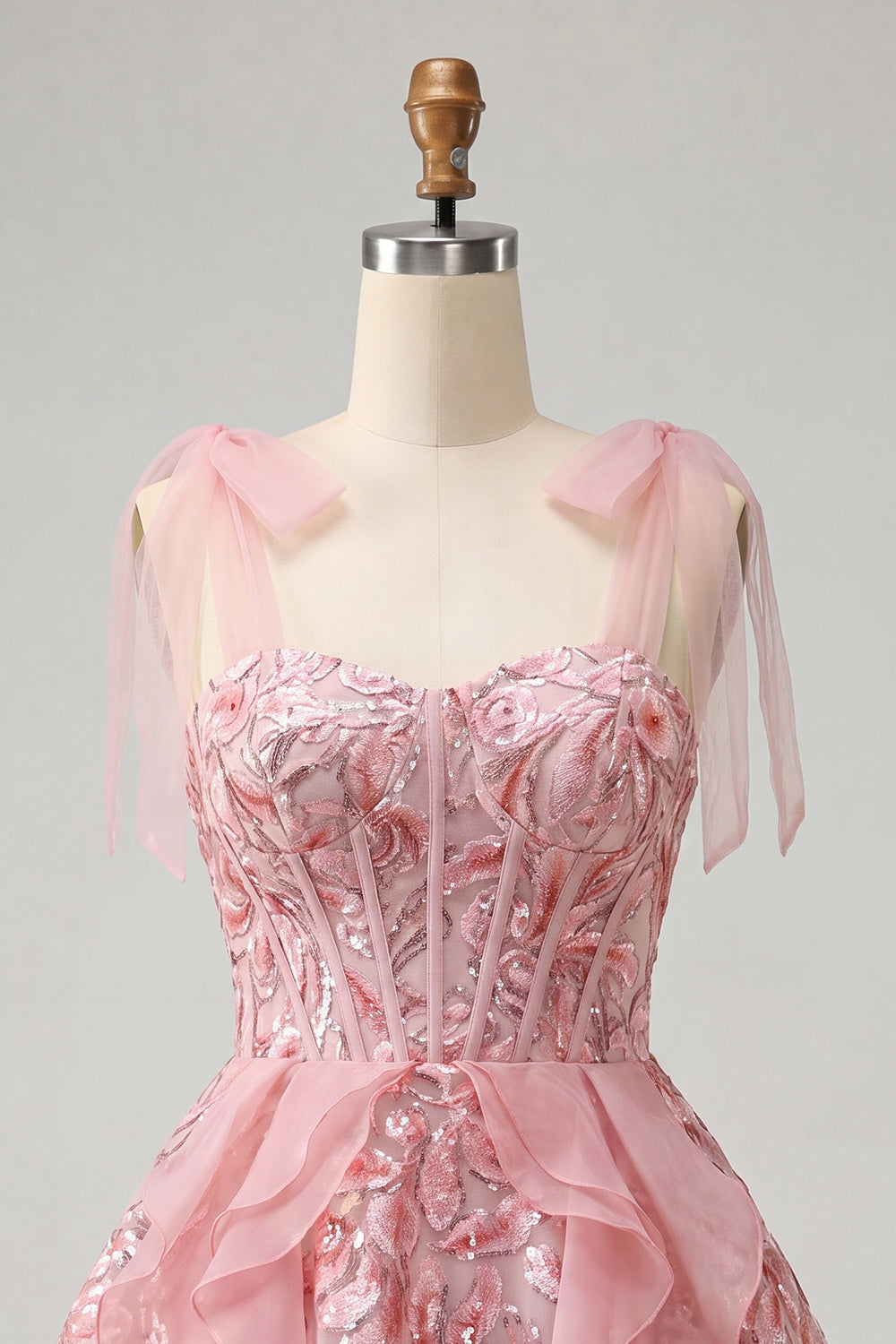 Pink A-Line Corset Bowed Straps Sequins Ruffled Homecoming Dress with Lace Up Back