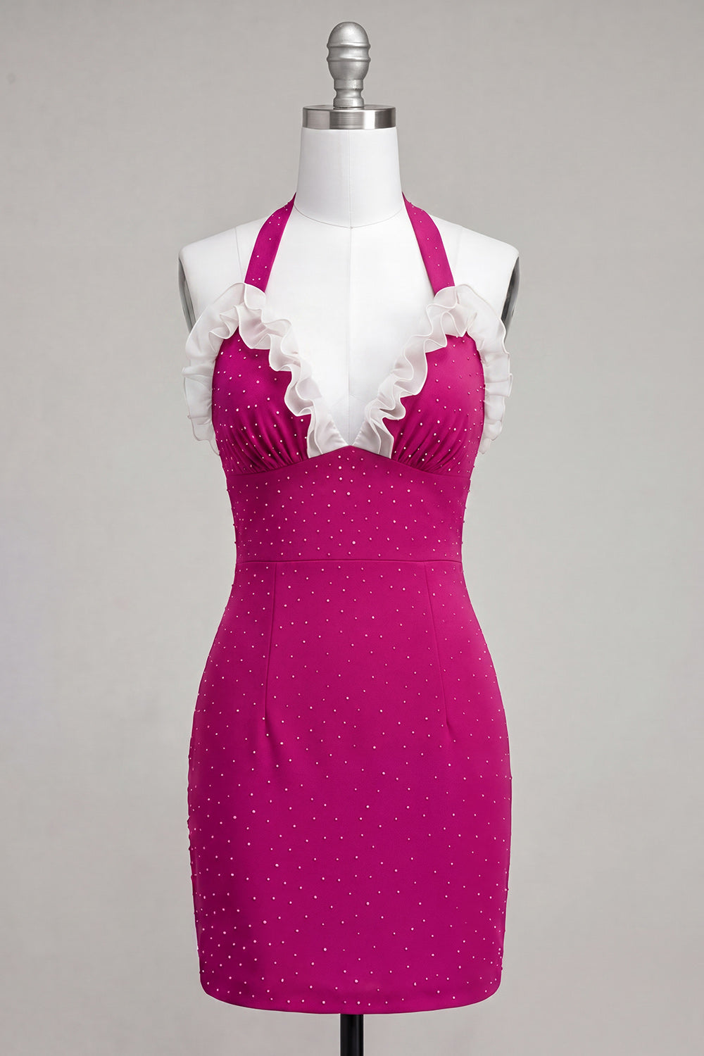 Fuchsia Bodycon Halter Neck Ruffled Lace Up Back Homecoming Dress with Beading