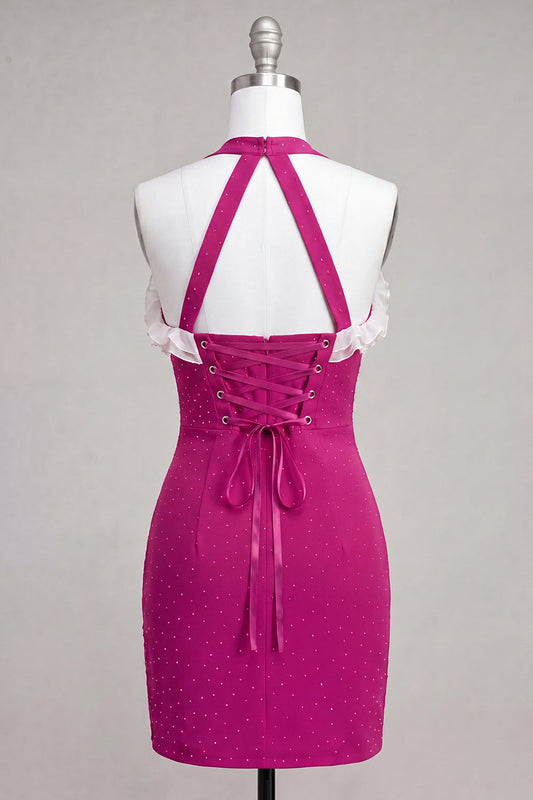 Fuchsia Bodycon Halter Neck Ruffled Lace Up Back Homecoming Dress with Beading