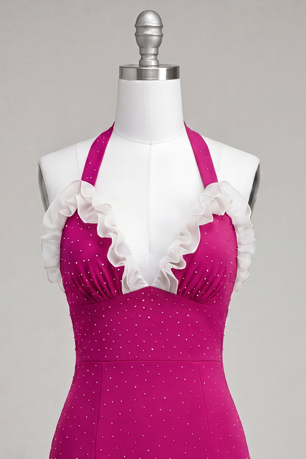 Fuchsia Bodycon Halter Neck Ruffled Lace Up Back Homecoming Dress with Beading