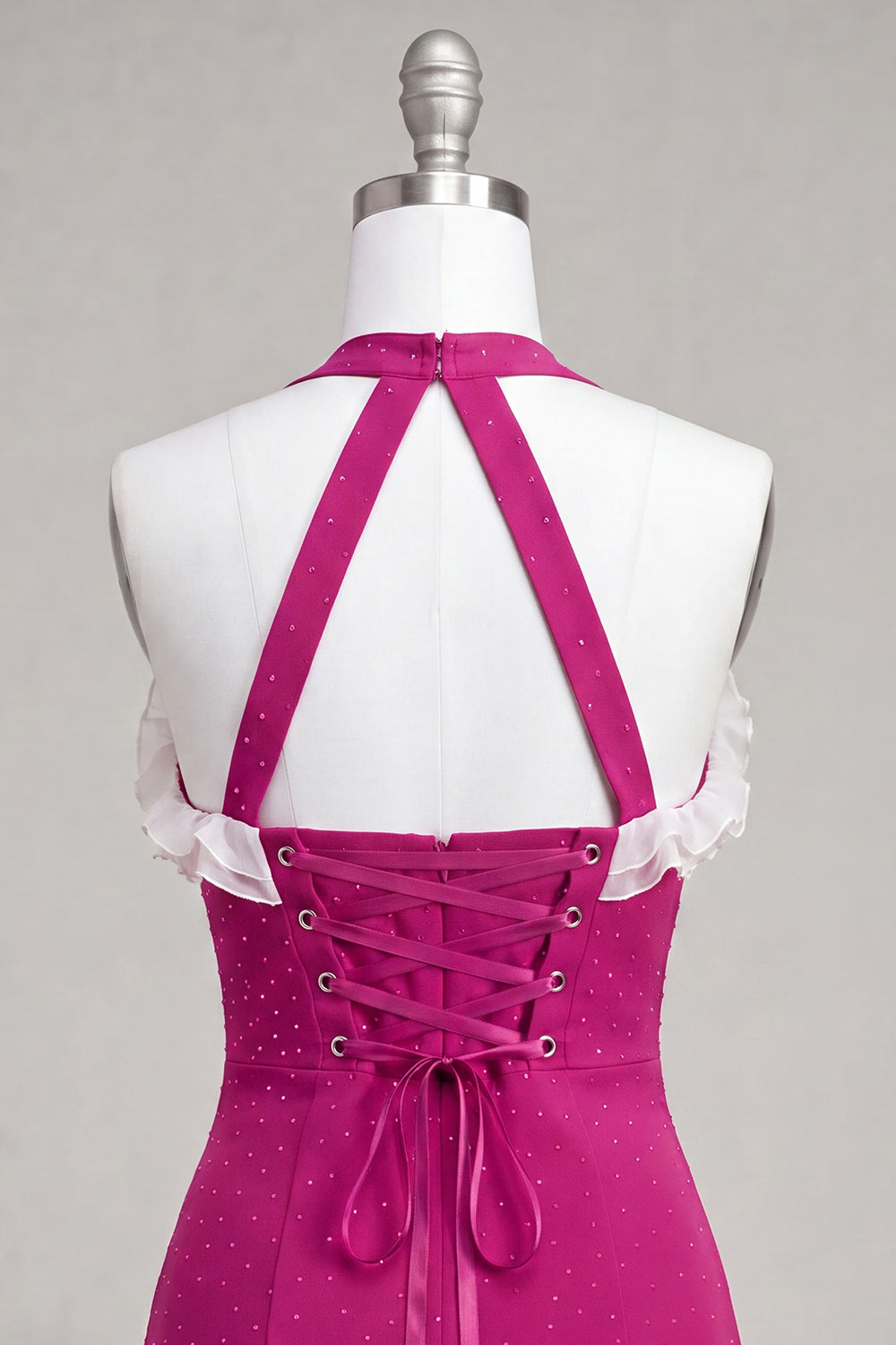 Fuchsia Bodycon Halter Neck Ruffled Lace Up Back Homecoming Dress with Beading