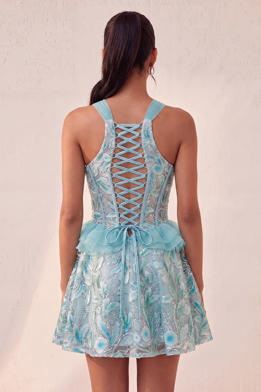 Lake Blue Corset Halter Neck Sequins A-Line Ruffle Lace-Up Back Homecoming Dress