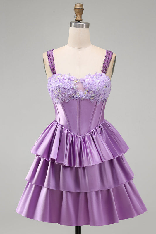 Light Purple A-Line Corset Tiered Lace-Up Back Floral Homecoming Dress with Beading