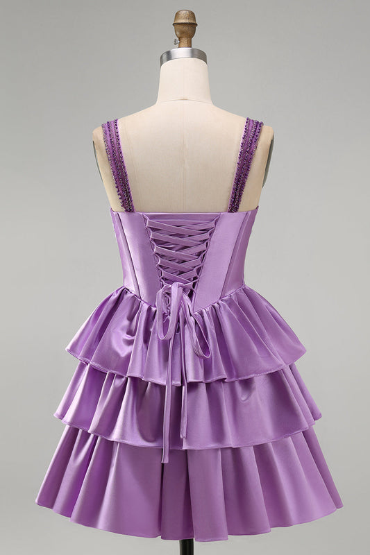 Light Purple A-Line Corset Tiered Lace-Up Back Floral Homecoming Dress with Beading