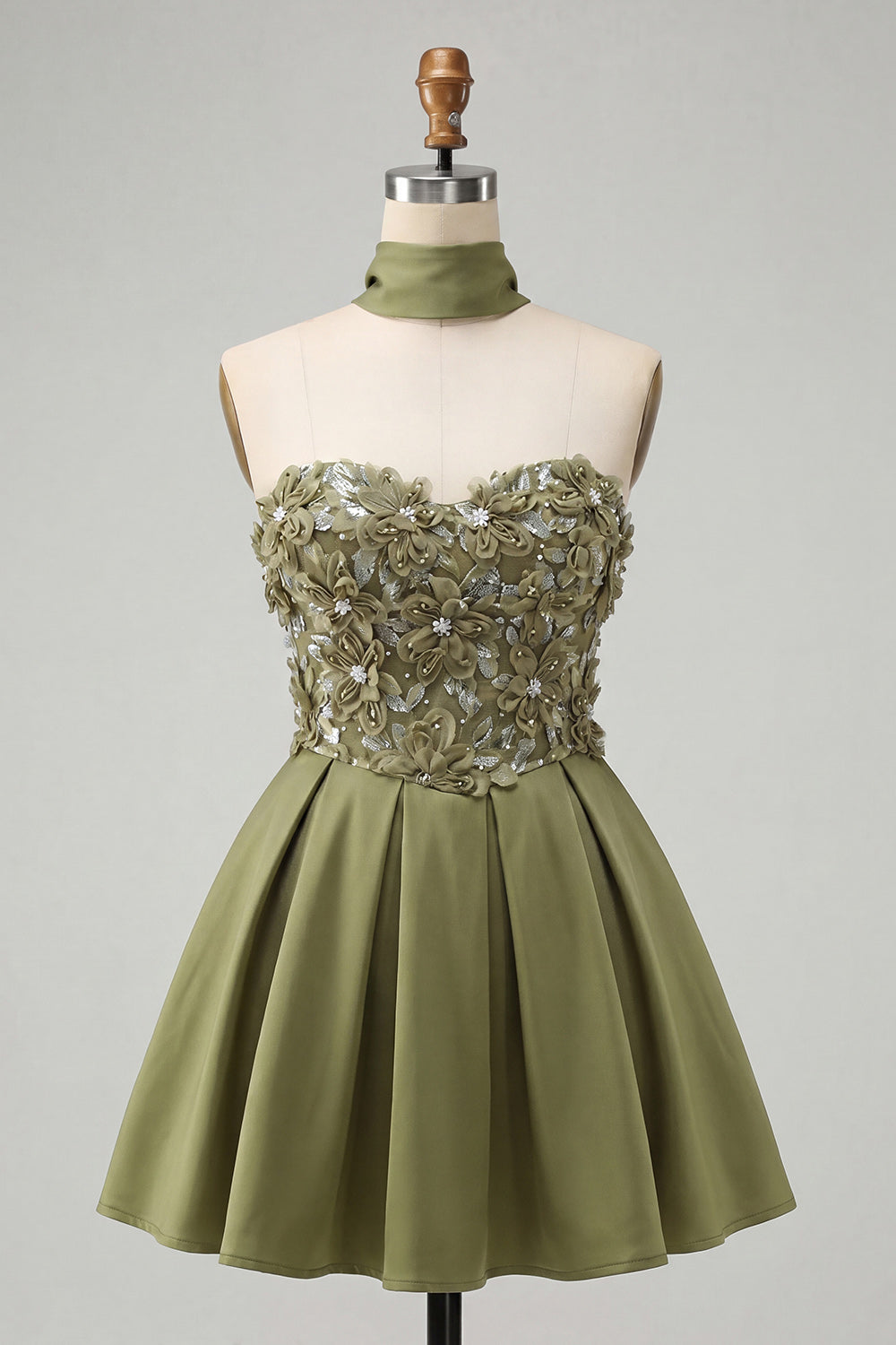 Robe de bal de fin d'année vert olive évasée en cœur à perles florales avec dos lacé
