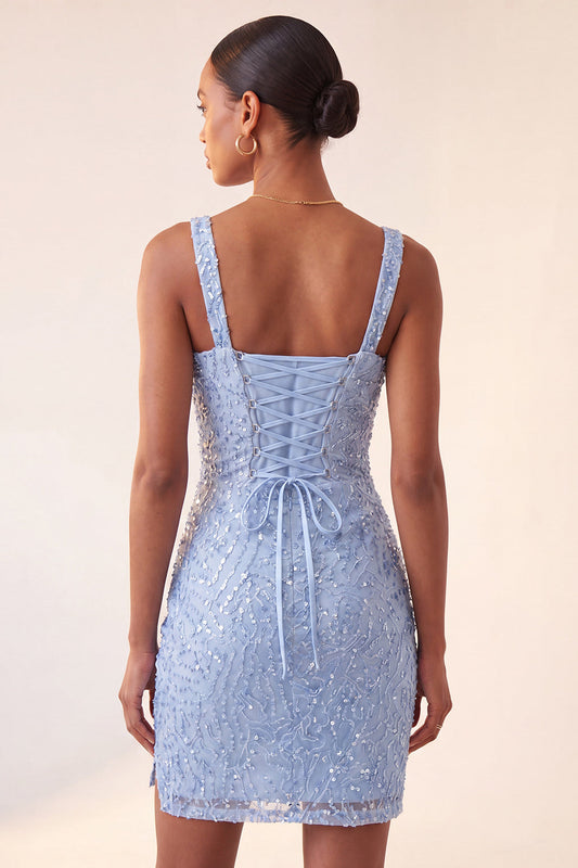 Sky Blue Bodycon Square Neck Sequins Ruched Lace-Up Back Homecoming Dress with Slit