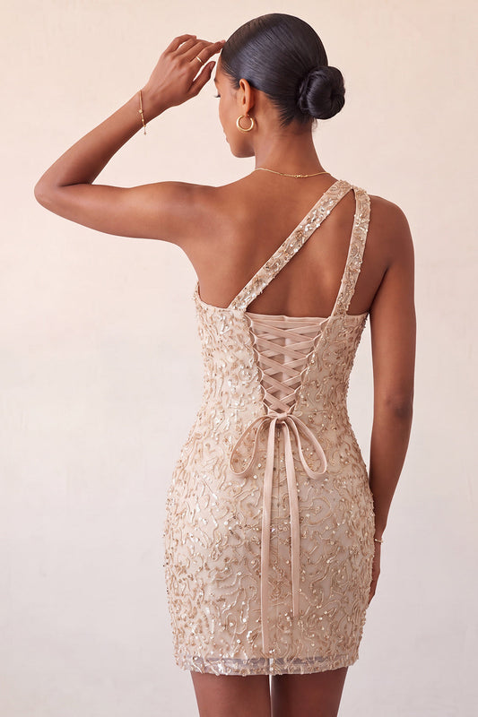 Champagne Bodycon One-Shoulder Lace-Up Back Sequin Homecoming Dress