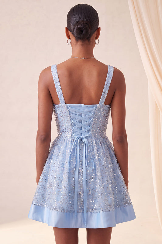 Sky Blue A-Line Square Neck Lace Up Back Sequins Homecoming Dress with Bow