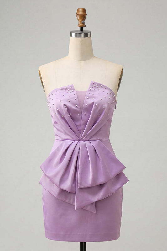 Strapless Light Purple Bodycon Lace Up Back Pearls Ruched Homecoming Dress