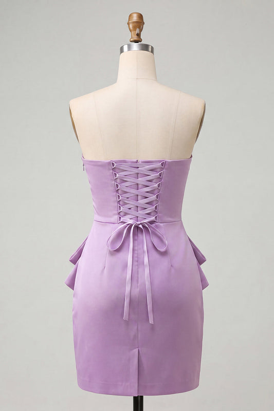 Strapless Light Purple Bodycon Lace Up Back Pearls Ruched Homecoming Dress