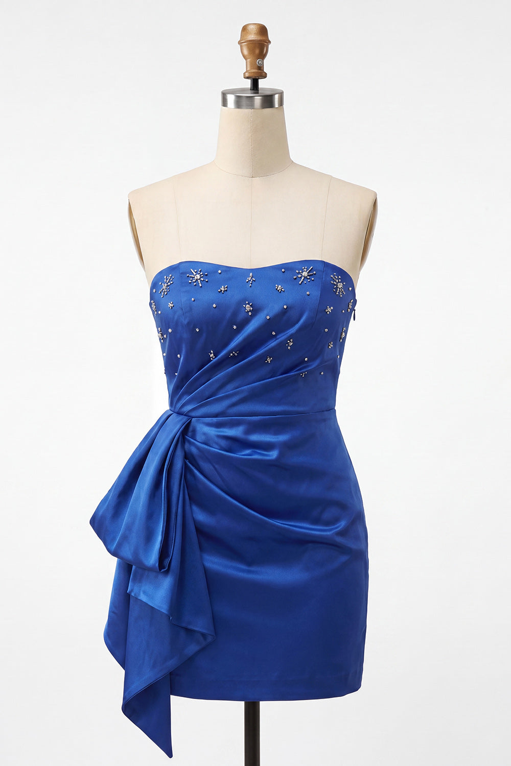Satin Royal Blue Strapless Bodycon Lace Up Back Beaded Ruched Homecoming Dress with Sash