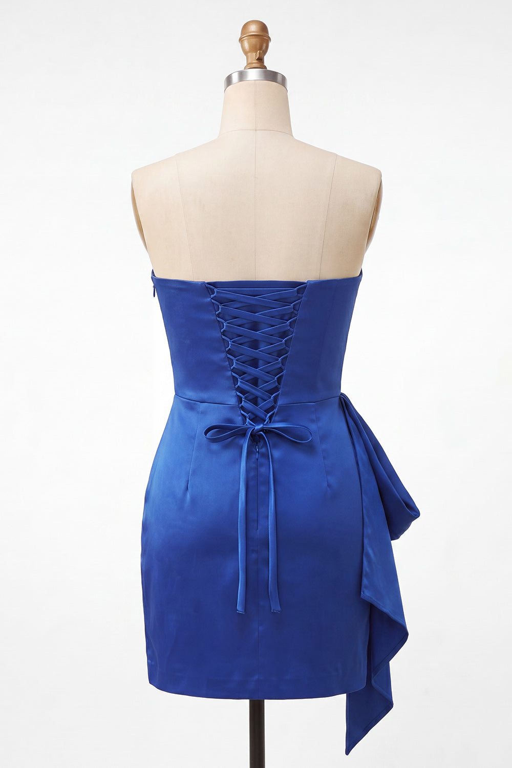 Satin Royal Blue Strapless Bodycon Lace Up Back Beaded Ruched Homecoming Dress with Sash