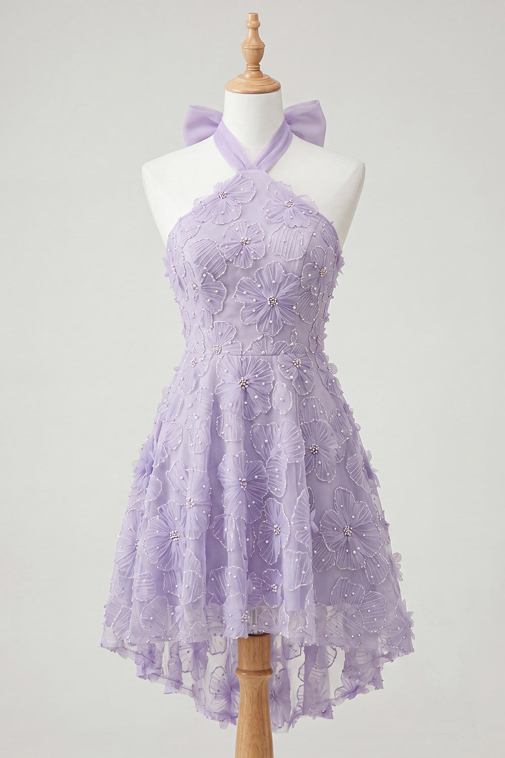 Lilac Halter Neck A-Line Pearls Floral High Low Homecoming Dress with Lace Up Back