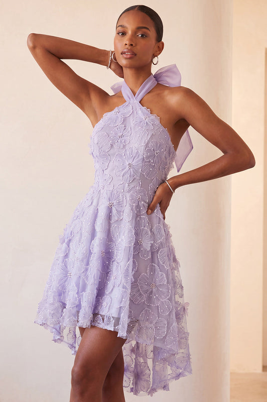 Lilac Halter Neck A-Line Pearls Floral High Low Homecoming Dress with Lace Up Back