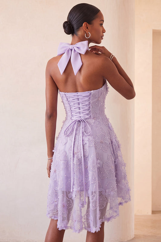 Lilac Halter Neck A-Line Pearls Floral High Low Homecoming Dress with Lace Up Back
