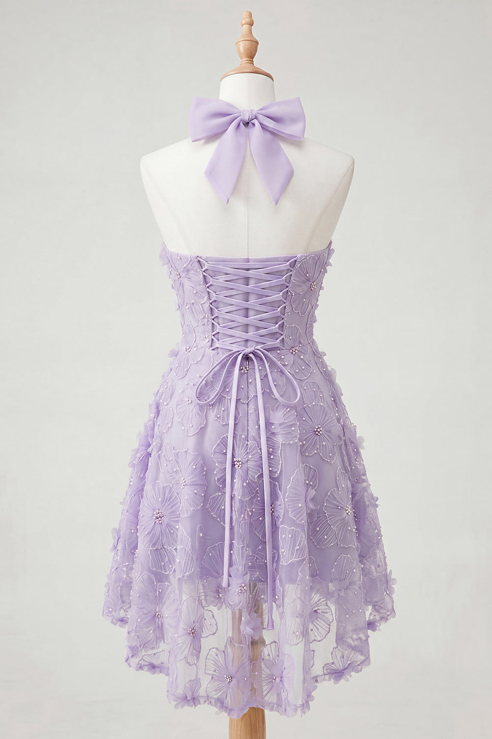 Lilac Halter Neck A-Line Pearls Floral High Low Homecoming Dress with Lace Up Back