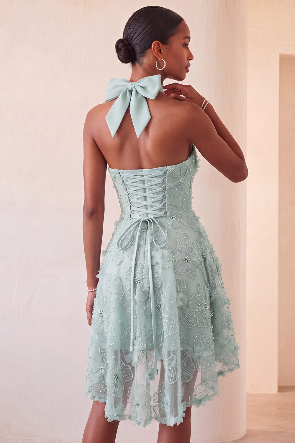 Lilac Halter Neck A-Line Pearls Floral High Low Homecoming Dress with Lace Up Back