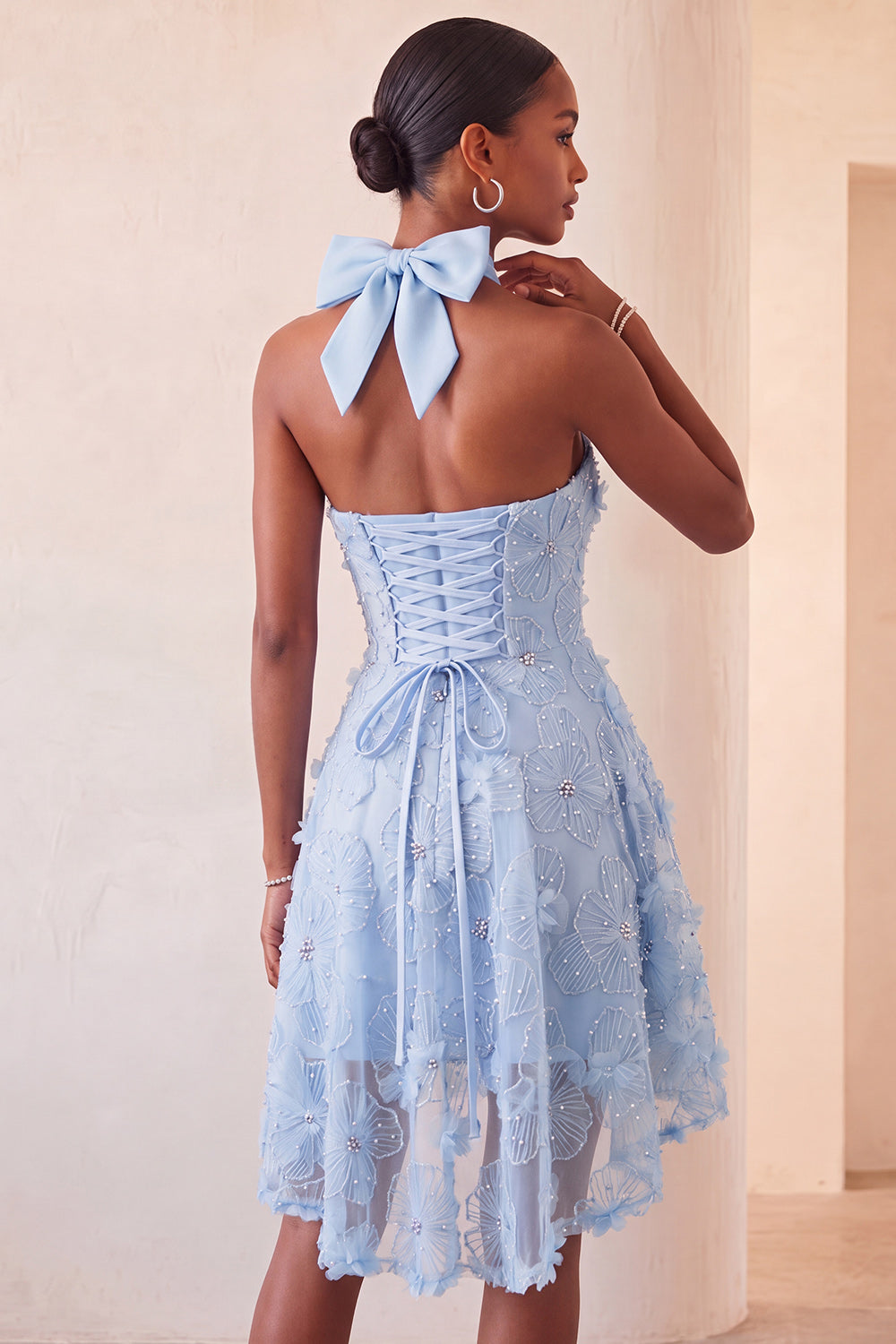 Lilac Halter Neck A-Line Pearls Floral High Low Homecoming Dress with Lace Up Back