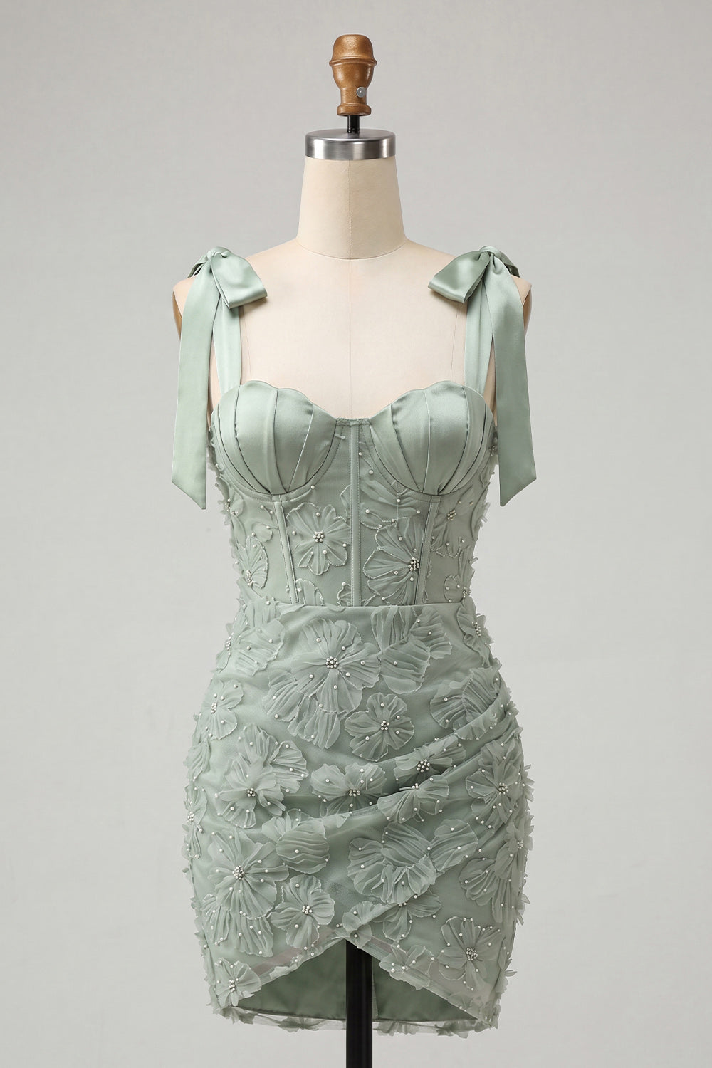 Dusty Sage Bodycon Corset Peals Floral Bowed Straps Homecoming Dress with Lace Up Back