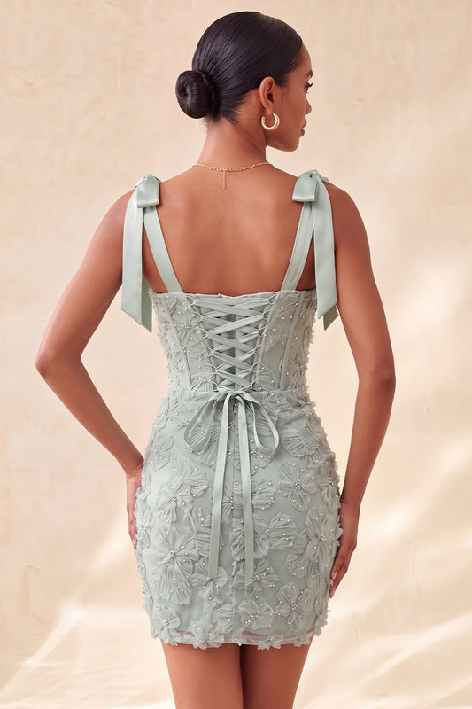 Dusty Sage Bodycon Corset Peals Floral Bowed Straps Homecoming Dress with Lace Up Back
