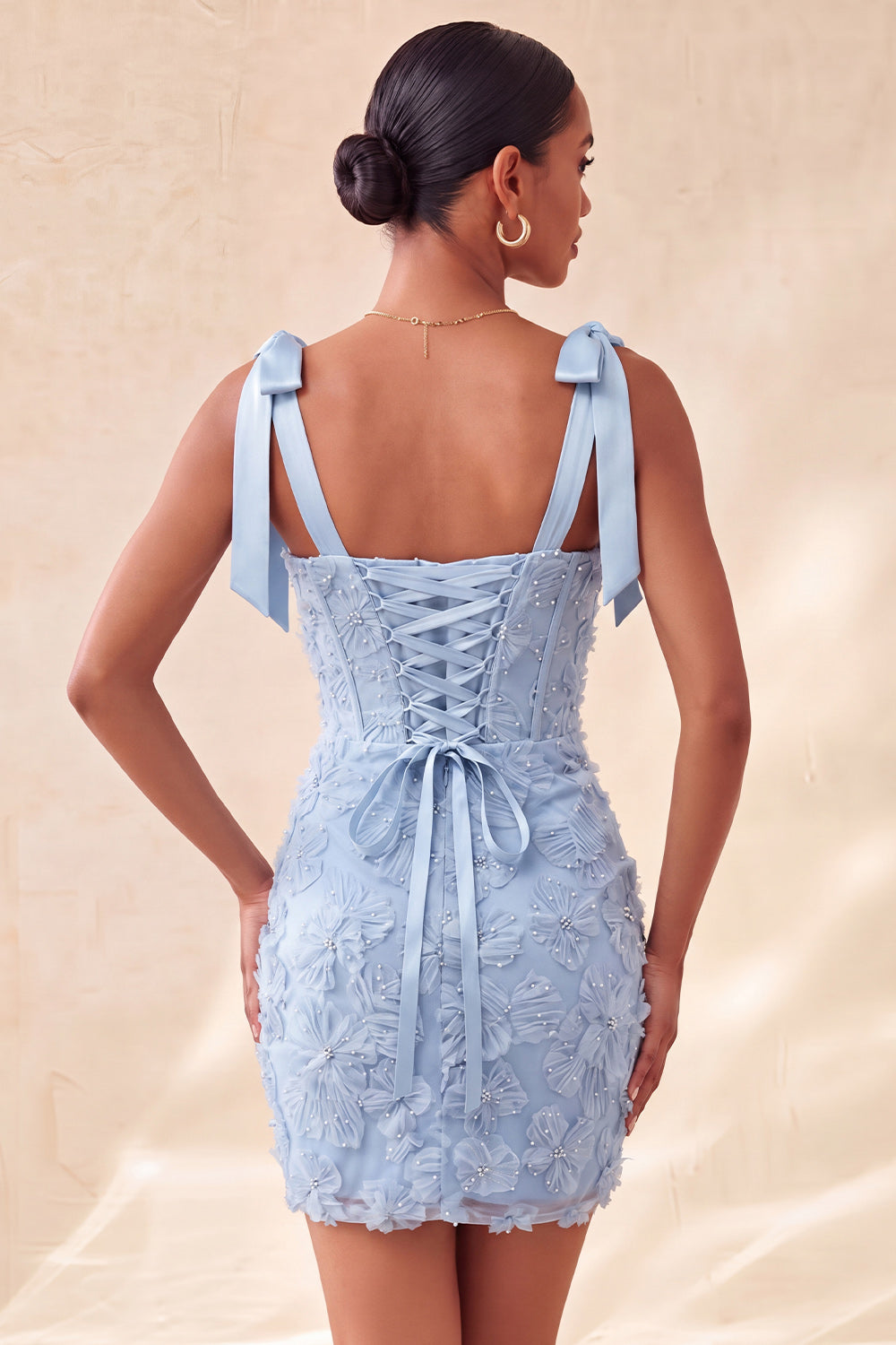 Dusty Sage Bodycon Corset Peals Floral Bowed Straps Homecoming Dress with Lace Up Back
