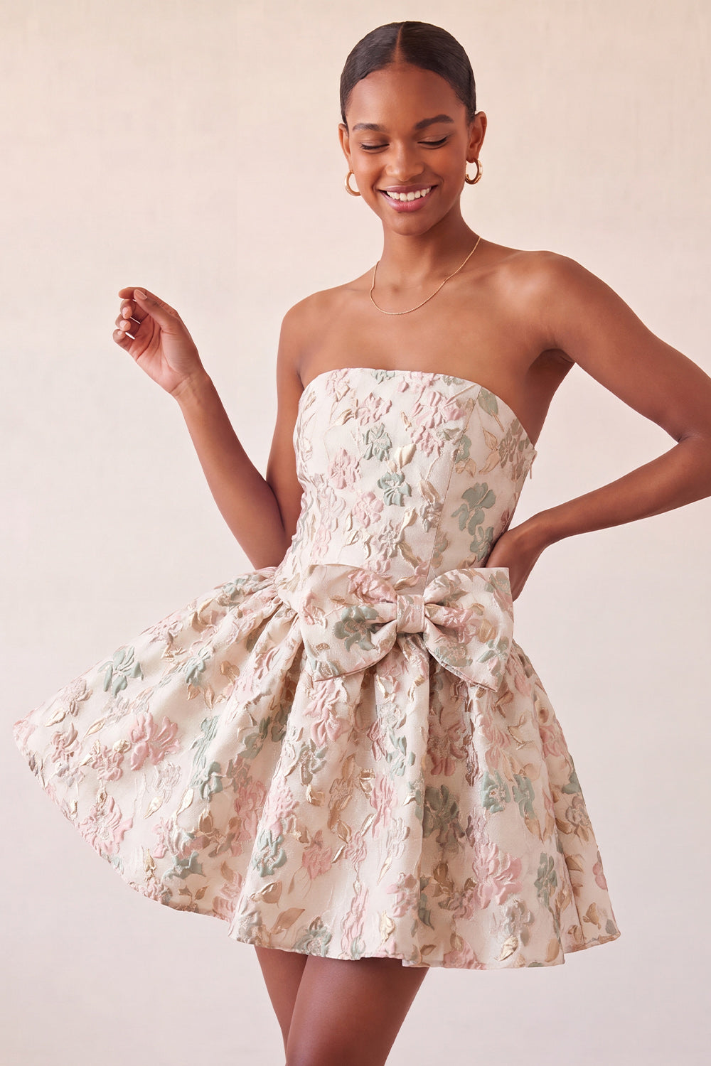 Dusty Blue Strapless A-Line Jacquard Floral Lace Up Back Homecoming Dress with Bow