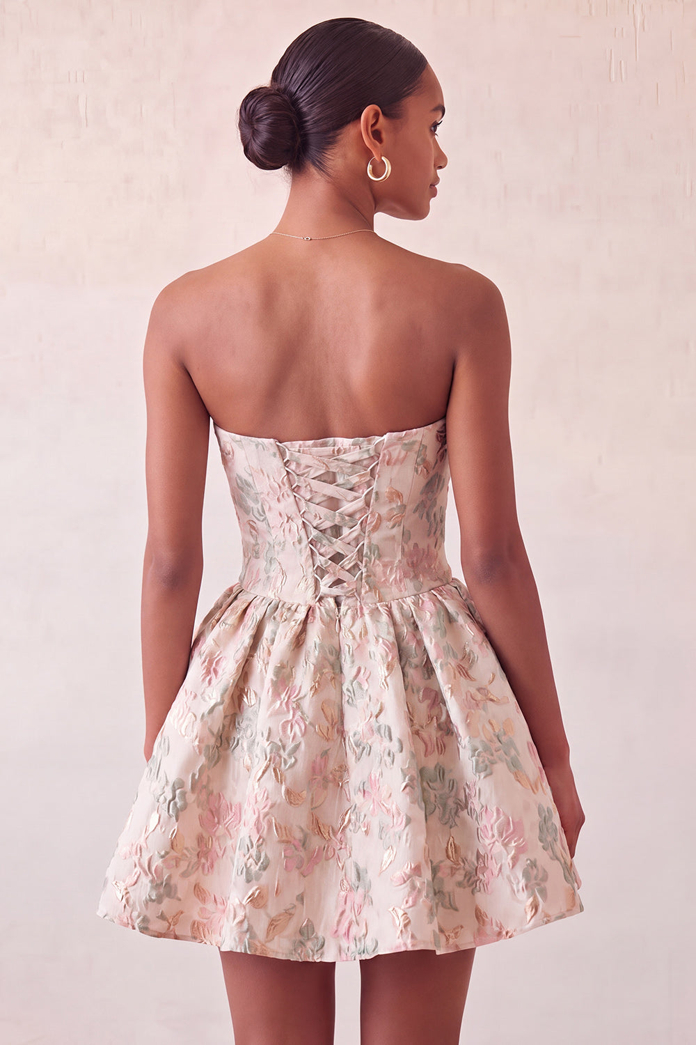 Dusty Blue Strapless A-Line Jacquard Floral Lace Up Back Homecoming Dress with Bow