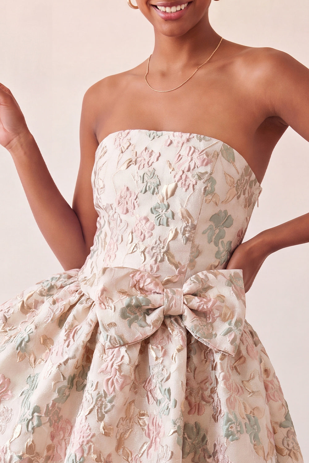 Dusty Blue Strapless A-Line Jacquard Floral Lace Up Back Homecoming Dress with Bow