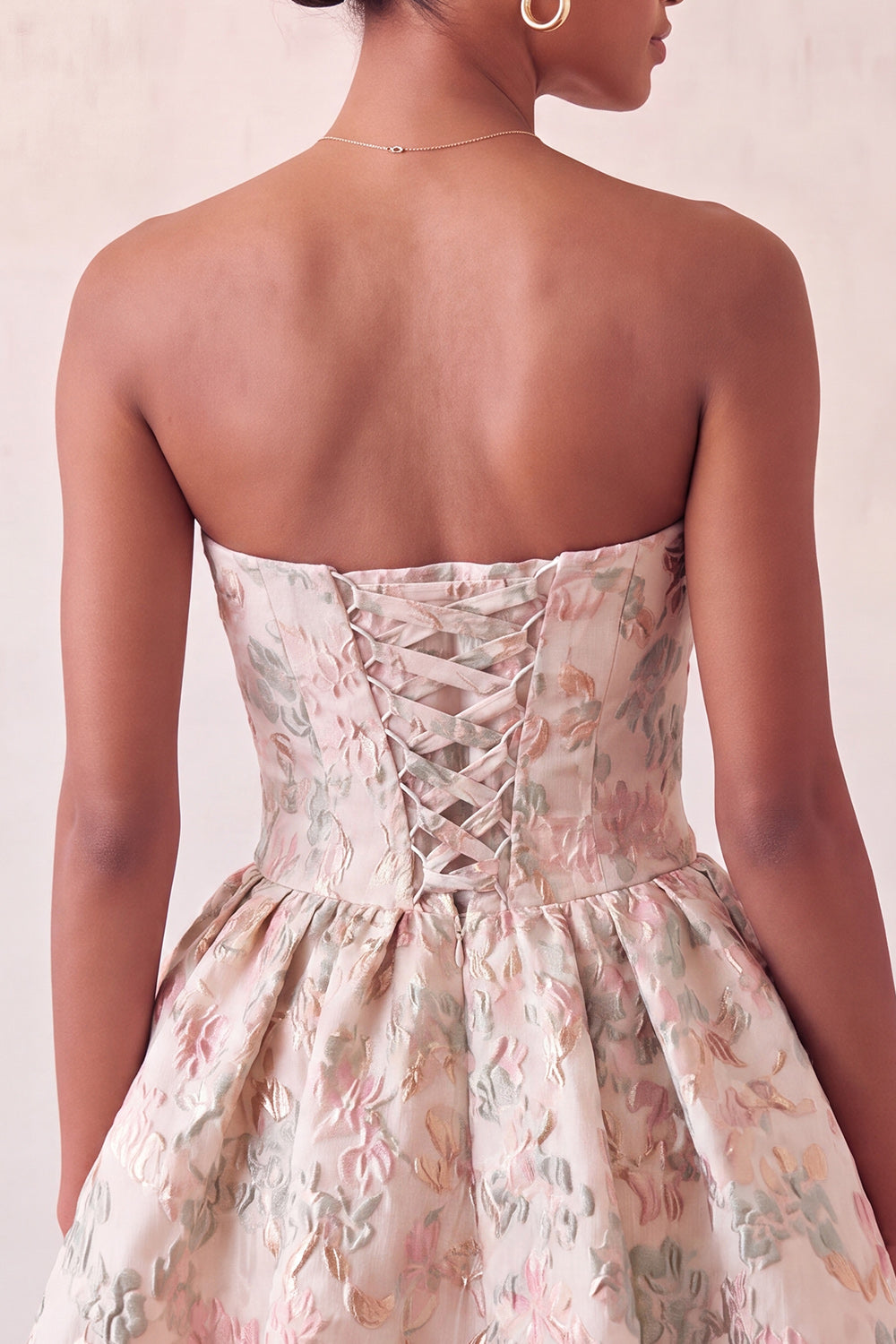 Dusty Blue Strapless A-Line Jacquard Floral Lace Up Back Homecoming Dress with Bow