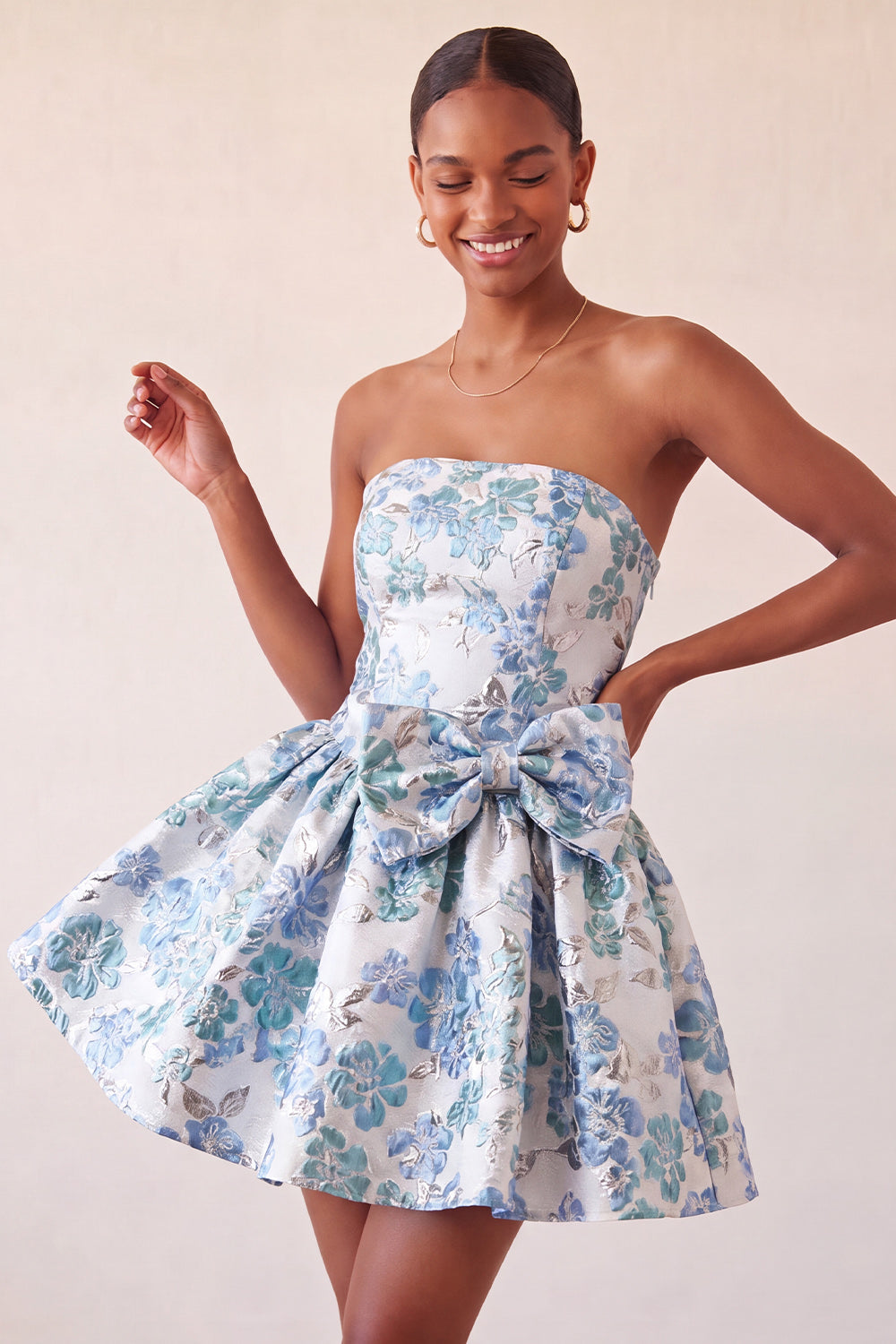 Dusty Blue Strapless A-Line Jacquard Floral Lace Up Back Homecoming Dress with Bow