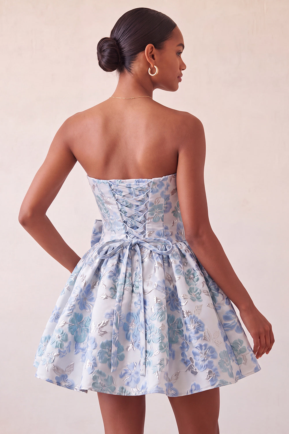 Dusty Blue Strapless A-Line Jacquard Floral Lace Up Back Homecoming Dress with Bow