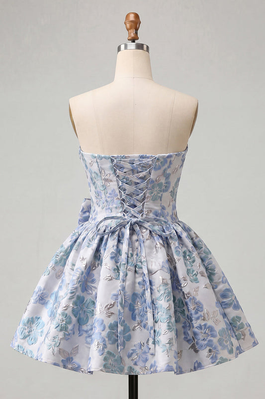 Dusty Blue Strapless A-Line Jacquard Floral Lace Up Back Homecoming Dress with Bow