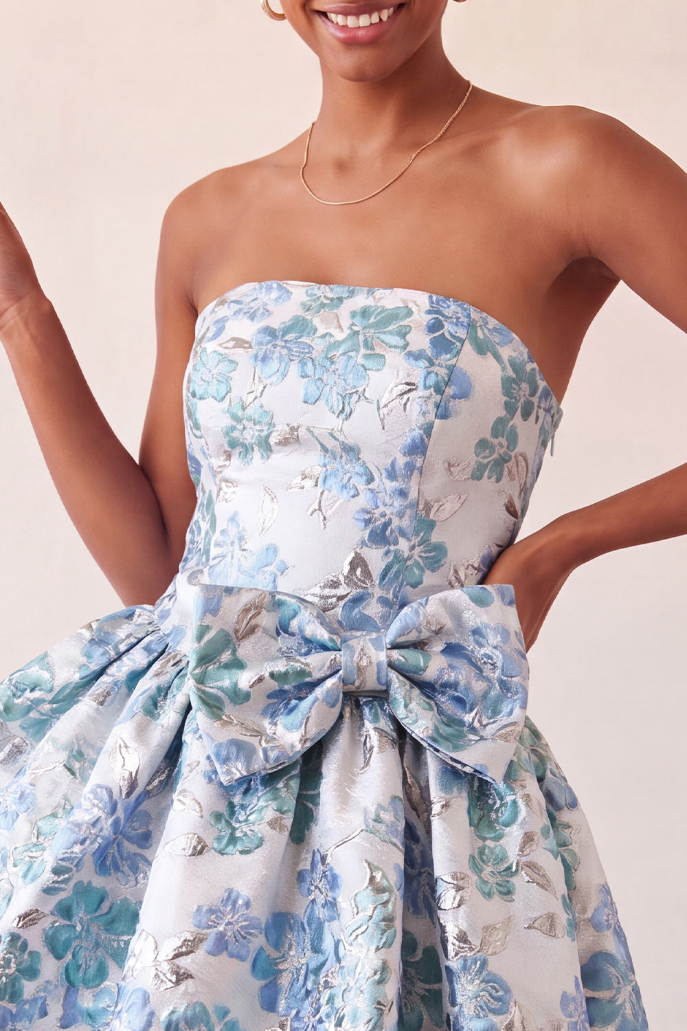 Dusty Blue Strapless A-Line Jacquard Floral Lace Up Back Homecoming Dress with Bow