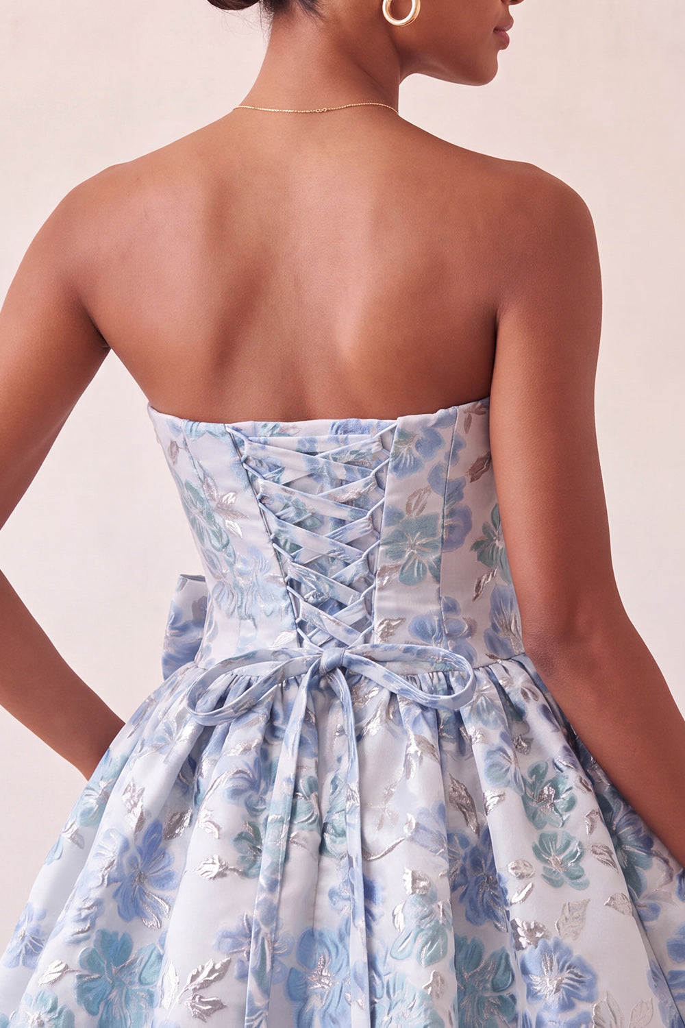 Dusty Blue Strapless A-Line Jacquard Floral Lace Up Back Homecoming Dress with Bow