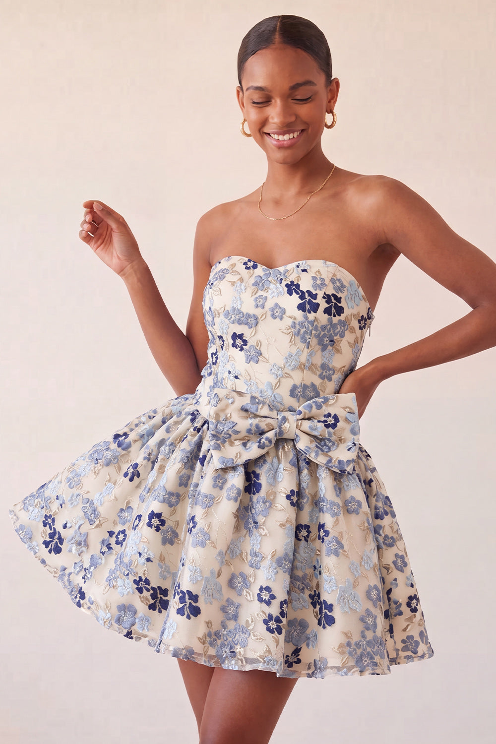 Dusty Blue Strapless A-Line Jacquard Floral Lace Up Back Homecoming Dress with Bow