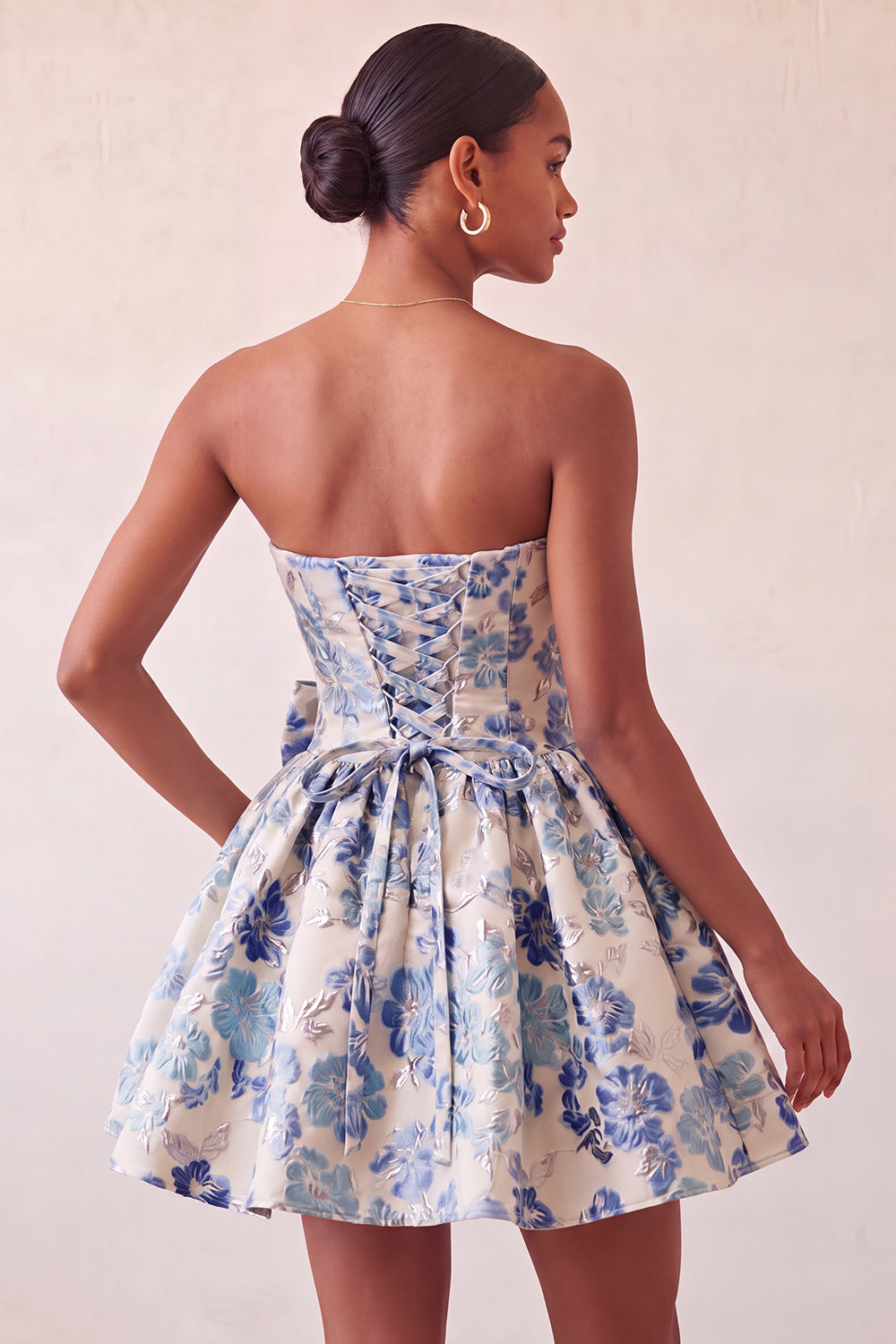 Dusty Blue Strapless A-Line Jacquard Floral Lace Up Back Homecoming Dress with Bow