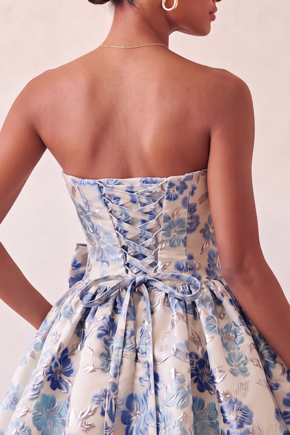 Dusty Blue Strapless A-Line Jacquard Floral Lace Up Back Homecoming Dress with Bow