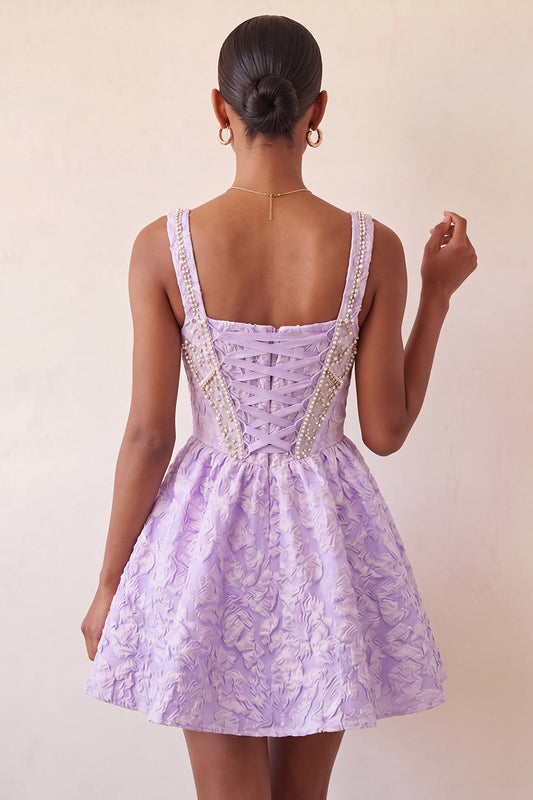 A-Line Light Purple Square Neck Corset Jacquard Lace-Up Back Beaded Homecoming Dress