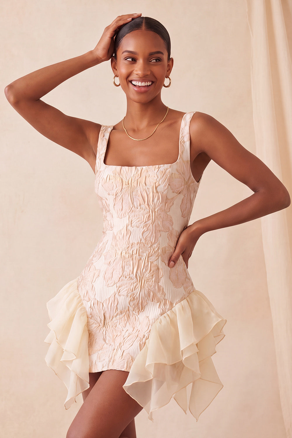 Champagne Jacquard Square Neck Lace Up Back Tight Birthday Dress with Ruffles
