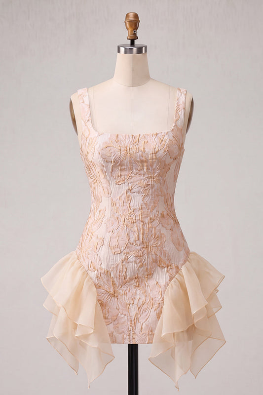 Champagne Jacquard Square Neck Lace-Up Back Tight Birthday Dress with Ruffles