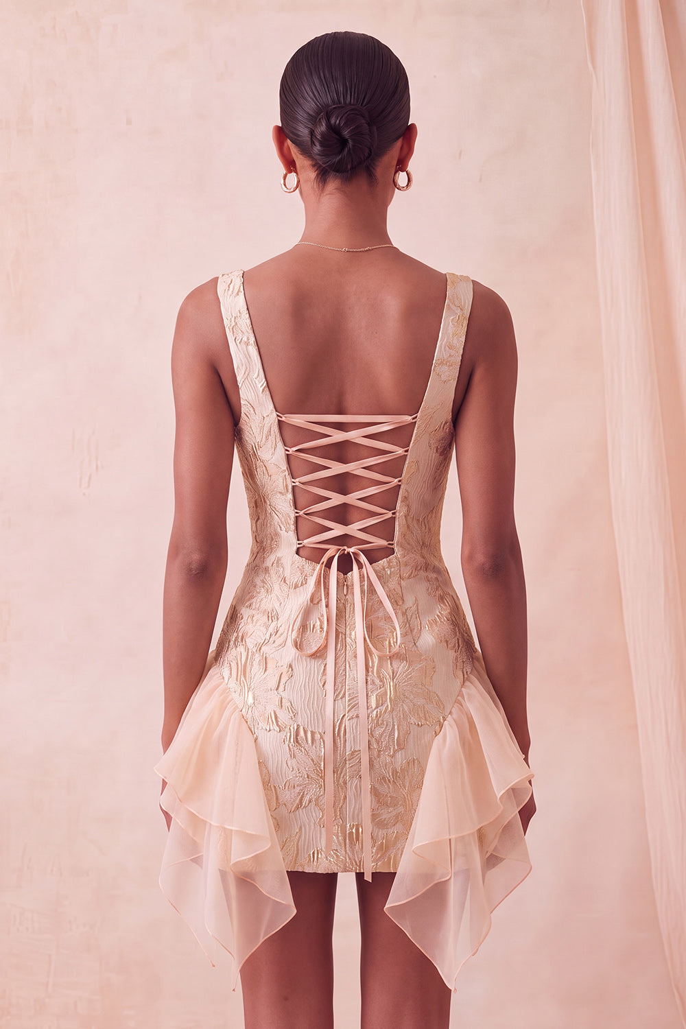 Champagne Jacquard Square Neck Lace Up Back Tight Birthday Dress with Ruffles